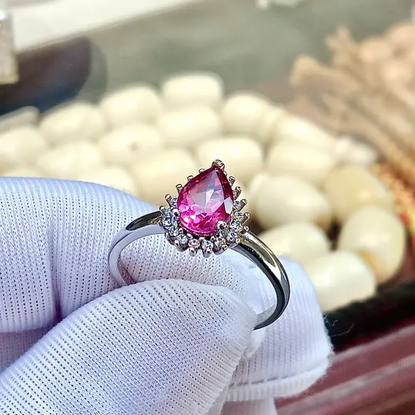 Natural Pear-Shaped Pink Topaz & White Cubic Zirconia Silver Women's Ring image 1