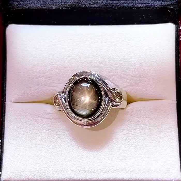 Natural Thailand Black Star Sapphire & Natural Brown Diamonds Handmade Silver Men's Ring image 1
