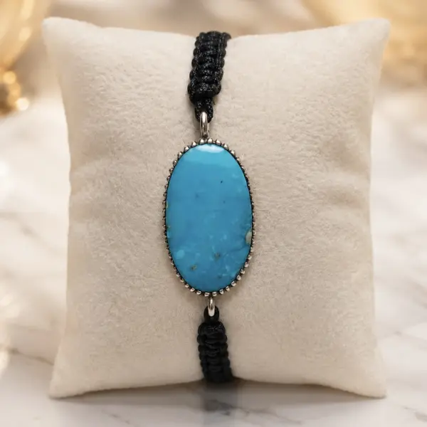 Natural Stabilized Blue Karaman Turquoise (Iran) Bracelet with 925 Silver Frame & Braided Cord – Unisex image 0