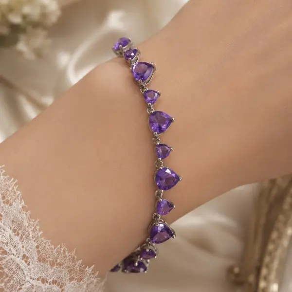 Natural Brazilian Heart-Shaped Amethyst Silver Bracelet – 15 Gemstones image 0