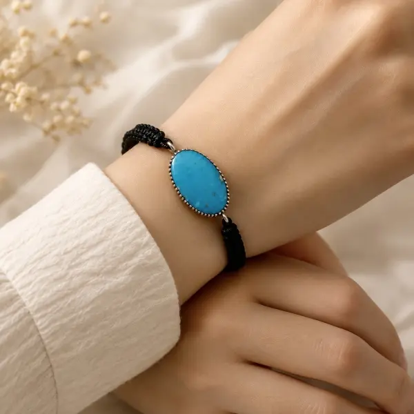 Natural Stabilized Blue Karaman Turquoise (Iran) Bracelet with 925 Silver Frame & Braided Cord – Unisex image 2