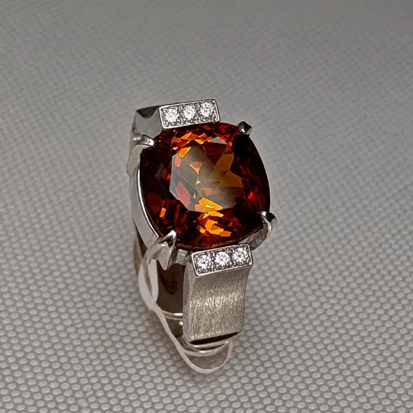 Natural Brazilian Sherry Topaz & Natural White Diamonds Handmade Silver Men's Ring image 0