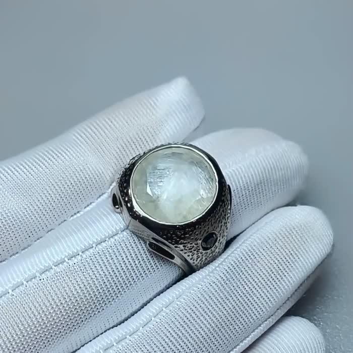 Natural 9.93 Ct. Colorless Sri Lankan Sapphire, Untreated with Natural Black Diamonds – Handmade Silver Men's Ring image 2