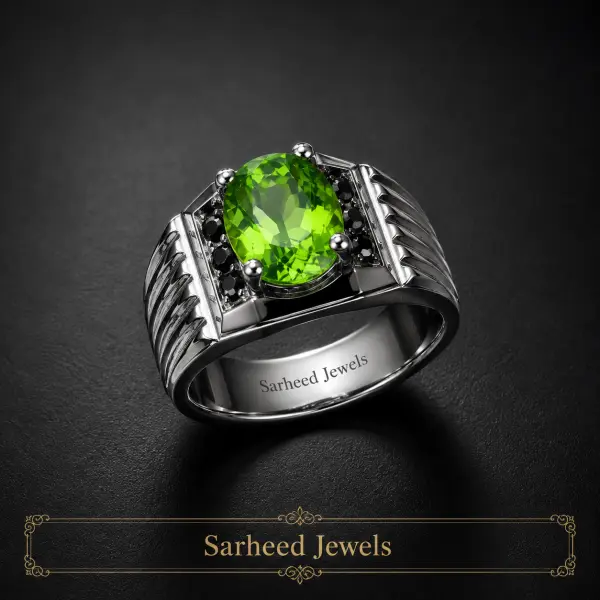 Natural 3.78 Ct.  Peridot & Natural Black Diamonds Silver Men's Ring image 1
