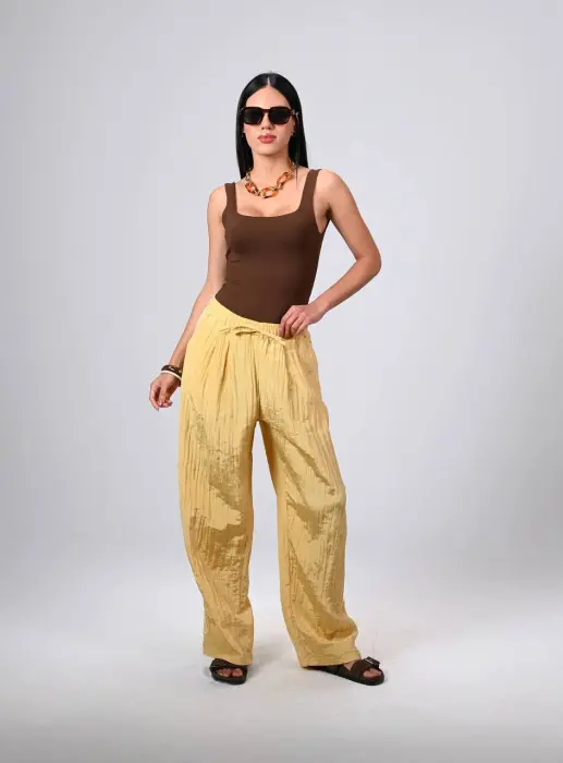 Satin crush pants with lace y image 0