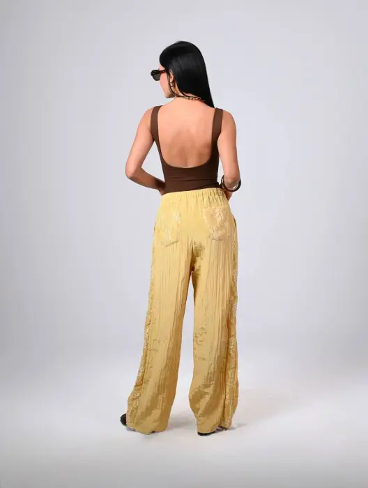 Satin crush pants with lace y image 1