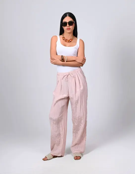 Satin crush pants with lace p image 1