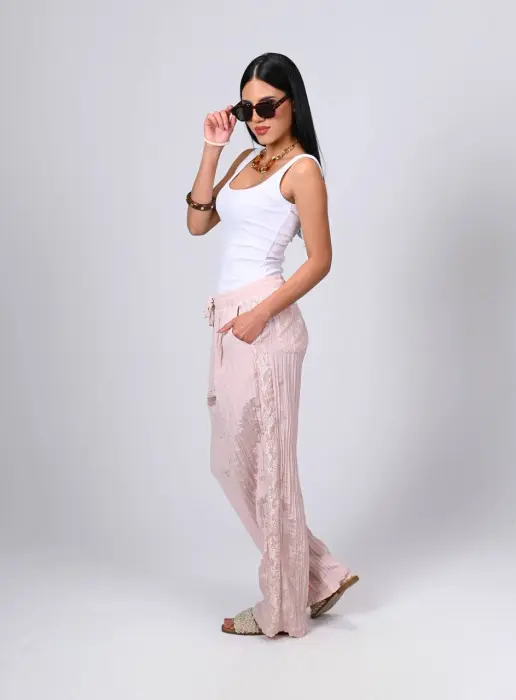 Satin crush pants with lace p image 0