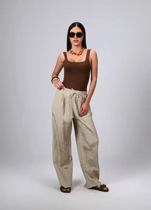 Satin crush pants with lace g image 1