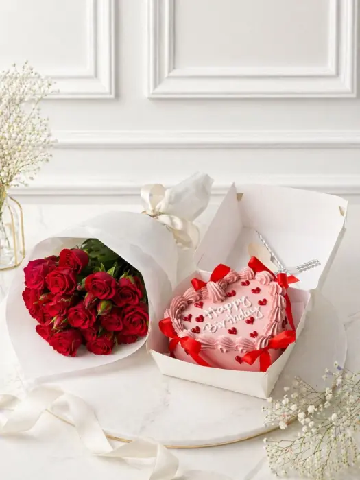 Happy Birthday Ribbon Cake with Small Bunch Of Roses image 0
