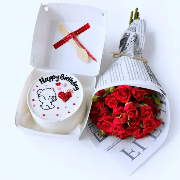 Happy Birthday Heart Round Shape Cake with Flowers image 1