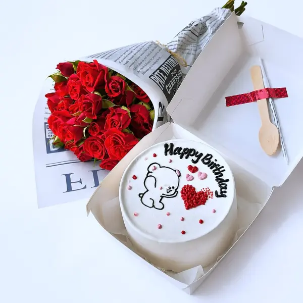 Happy Birthday Heart Round Shape Cake with Flowers image 0