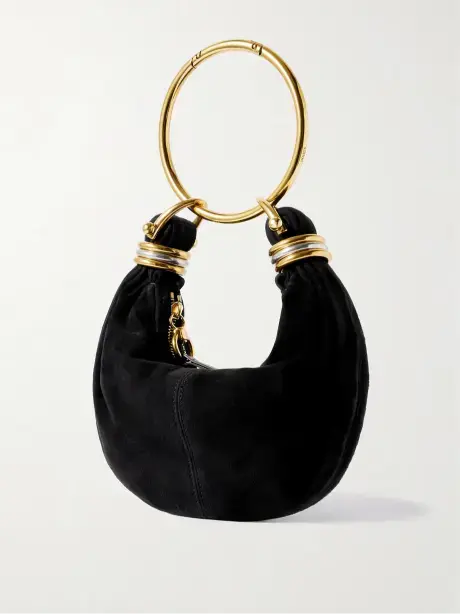حقيبة كتف Bracelet صغيرة من جلد السويد وحواف من الجلد مزينة بقطعة معدنية image 10