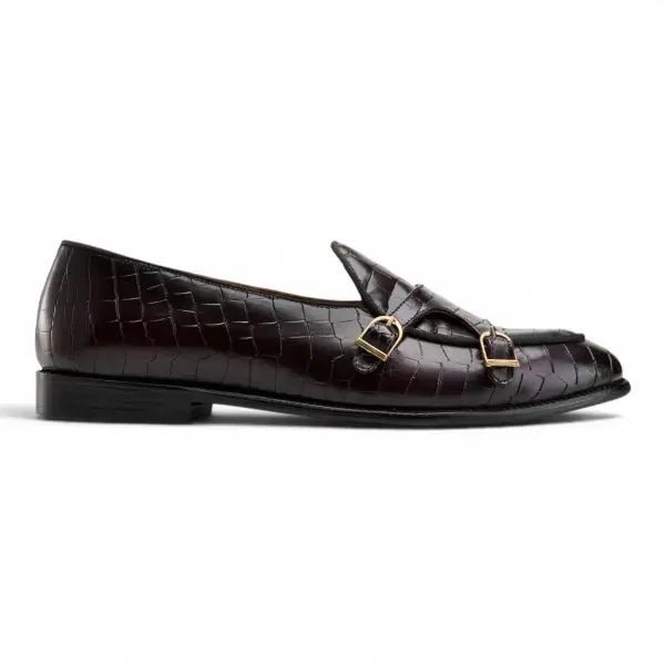 Croco Double Monk Loafers -Burgundy image 0
