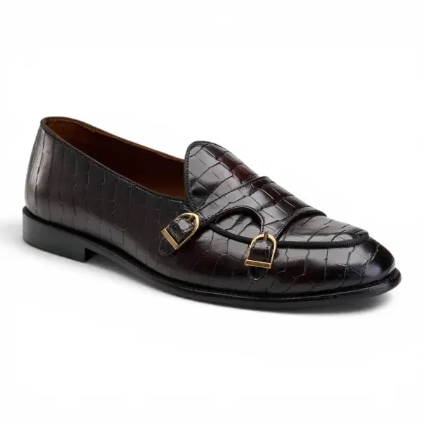 Croco Double Monk Loafers -Burgundy image 3