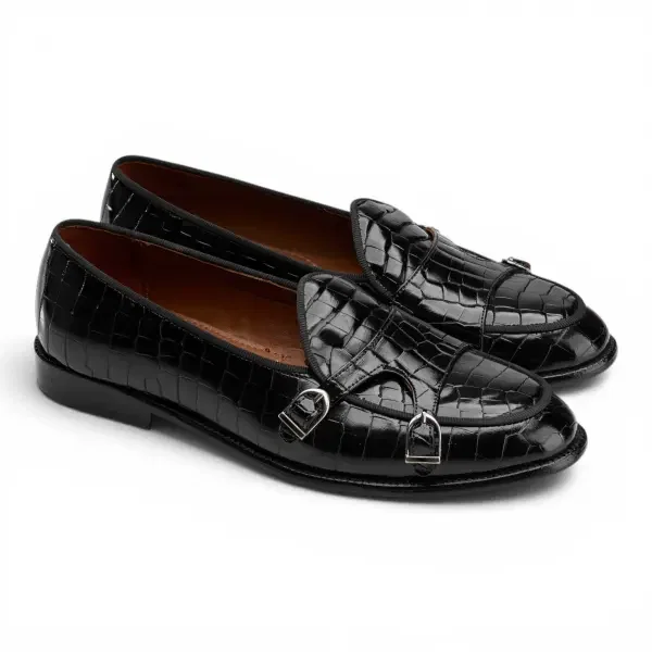 Croco Double Monk Loafers -Black image 1