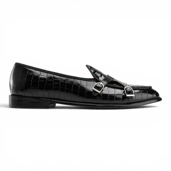 Croco Double Monk Loafers -Black image 0