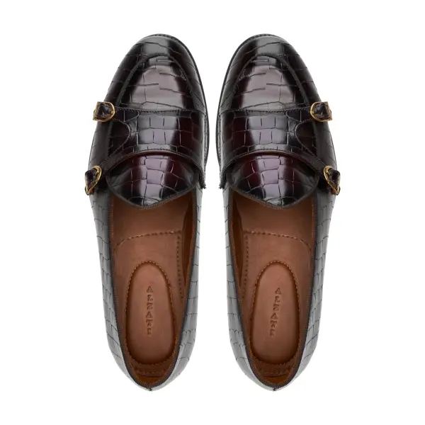 Croco Double Monk Loafers -Burgundy image 2