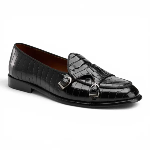 Croco Double Monk Loafers -Black image 3