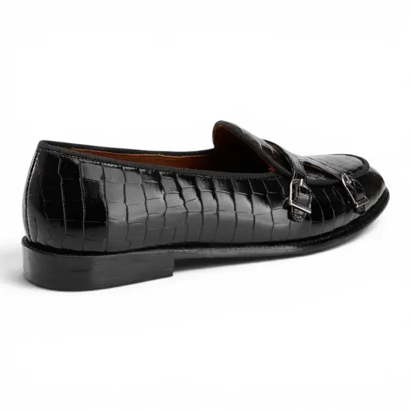 Croco Double Monk Loafers -Black image 4
