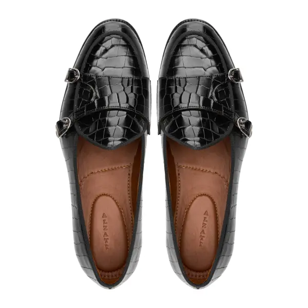 Croco Double Monk Loafers -Black image 2