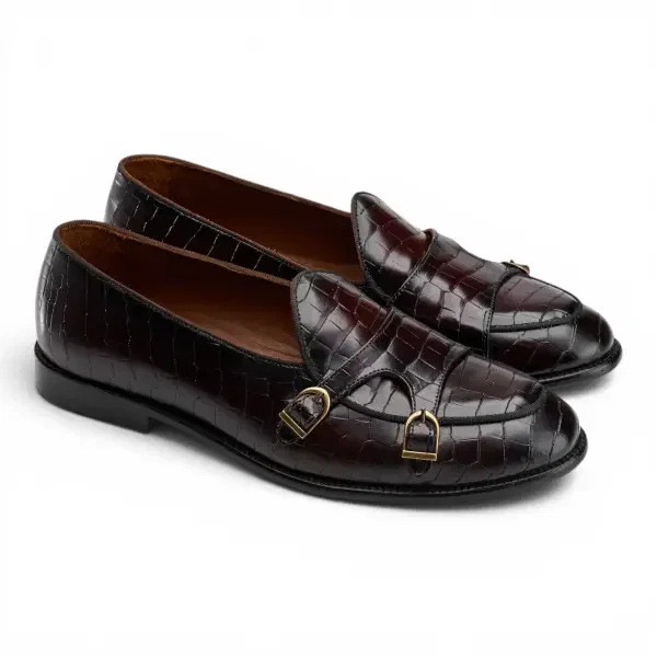 Croco Double Monk Loafers -Burgundy image 1