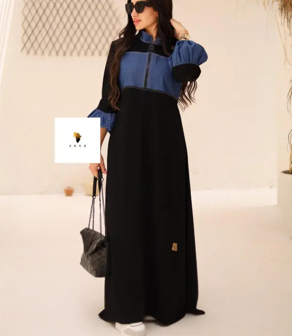عبايه بخامه الحرير المضلع مطعمه بالجينز المناسب للصيف image 1