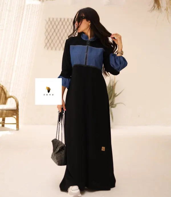 عبايه بخامه الحرير المضلع مطعمه بالجينز المناسب للصيف image 3