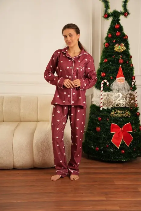 Burgundy Hearts Ribbed  Pajama Set image 1