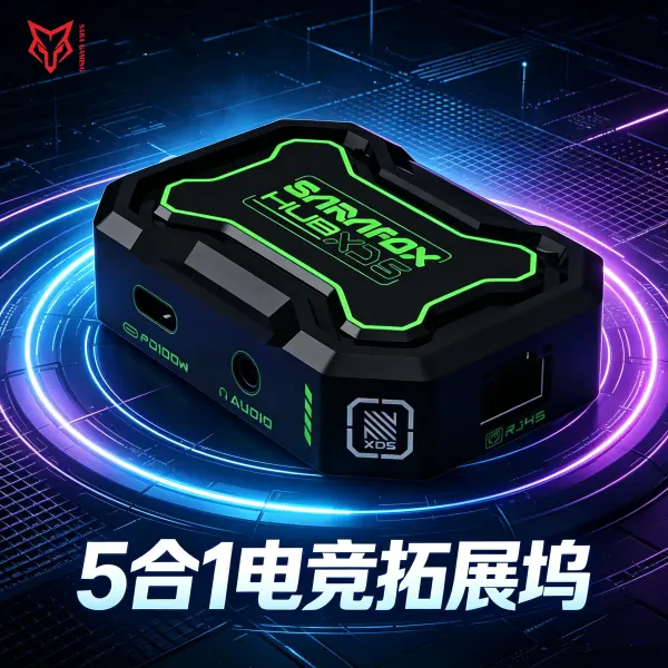 ادابتر سارافوكس 5*1 تايب سي XD5 للجيمنج شحن 100 واط وإيثرنت وصوت | SARAFOX HUB XD5 5-in-1 Type-C Gaming Adapter (PD 100W, RJ45 Ethernet, 3.5mm & Type-C Audio) image 1