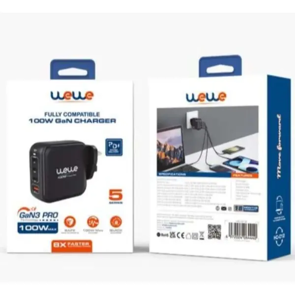 شاحن حائط WeWe مطور 100 وات HC-012 سريع 4 منافذ | WEWE GaN3 PRO 100W Fast Wall Charger (4-Ports) image 1