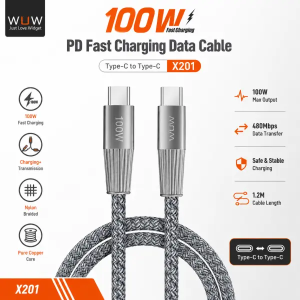 كيبل شحن WUW X201 تايب سي إلى تايب سي خام 100 واط 1.2 متر | WUW X201 Type-C to Type-C 100W 1.2M Fast Charging Cable image 0