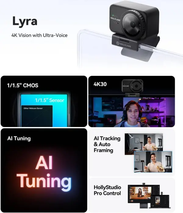 كاميرا ويب هولي لاند لايرا بدقة 4K UHD مع مستشعر CMOS وتتبع ذكي AI بدقة 50 ميجابكسل لاجتماعات الفيديو والتدريب وتسجيل الفيديو والبث المباشر والتعليم عبر الإنترنت image 9