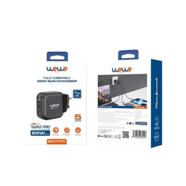 شاحن حائط WeWe مطور 65 وات HC-011 سريع 3 منافذ  | WEWE GaN3 PRO 65W Fast Wall Charger (3-Ports) image 1