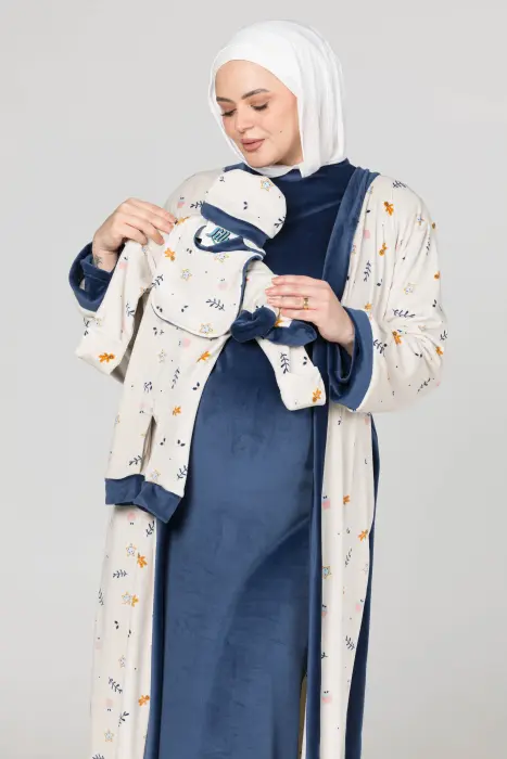 Royal matching maxi robe & dress set in dark blue (7 pcs) image 4