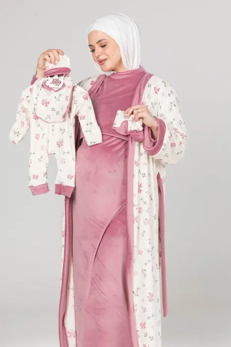 Sweet bows matching maxi robe & dress set in pink (7 pcs) image 0