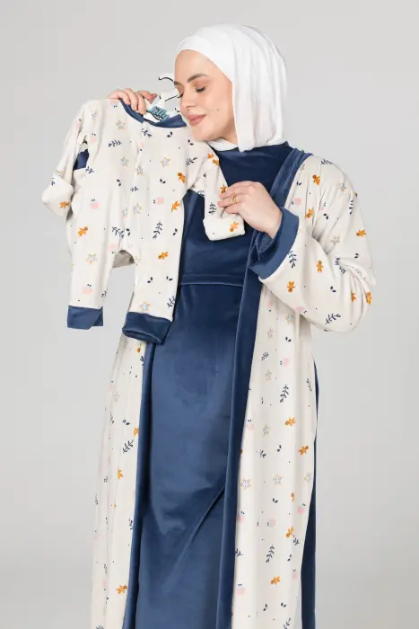 Royal matching maxi robe & dress set in dark blue (7 pcs) image 6