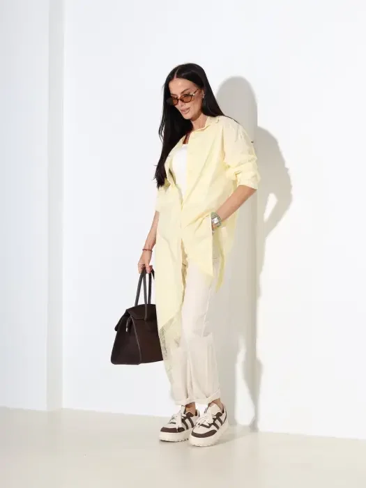 Yellow Shirt with Slanted Hem and Lace image 1