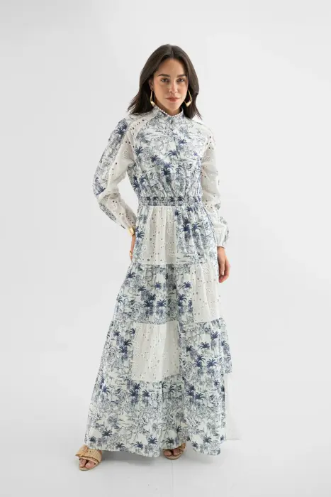 Blue Toile Lace Panel Maxi Dress image 0