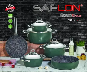 طقم سافلون جرانيت 10 قطع مع ايادي وغطاء ستانلس ستيل قدور 28+24+20+18 سم + مقلاة 26 سم + صينية 28 سم  image 0