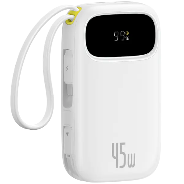 OS-Baseus EnerFill FC31 Digital Display Power Bank  with 2 Built-in USB-C Cables 10000mAh 45W Moon White image 1