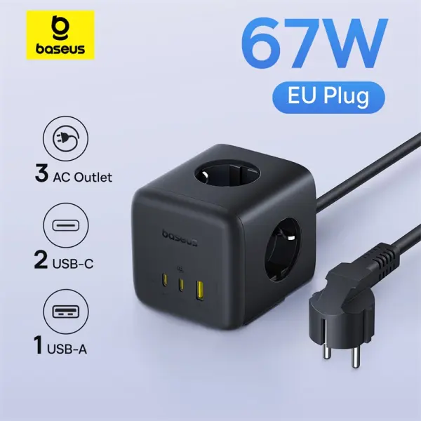 OS-Baseus EnerFill FA11 Cube Power Strip 3AC+1U+1C 67W 1.5m EU Cosmic Black image 0