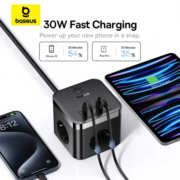 OS-Baseus PowerCombo Cube Power Strip 3AC+2U+2C 30W 1.5m EU Cluster Black image 0