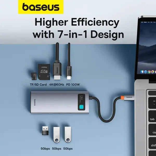 موزع منافذ بيسوس Baseus Metal Gleam جيل جديد 7 في 1 منفذ Type-C - لون رمادي  image 2