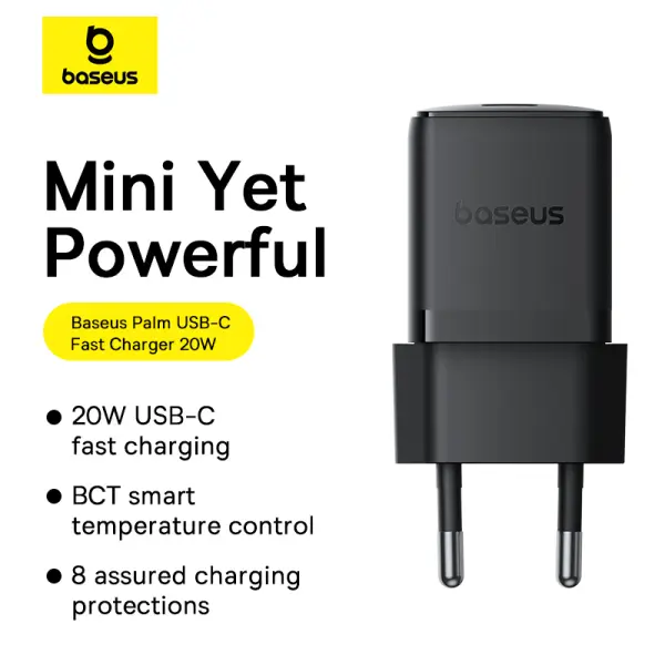 Baseus Palm Fast Charger 1C 20W EU Cluster Black  (with Baseus Mini White Cable USB-C to USB-C 60W (20V/3A) 1m Cluster Black) image 5