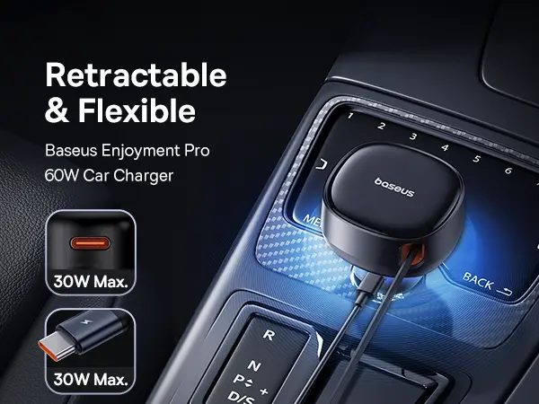 Baseus Enjoyment Pro Car Charger C+Retractable Type-C Cable 60W Cluster Black image 4