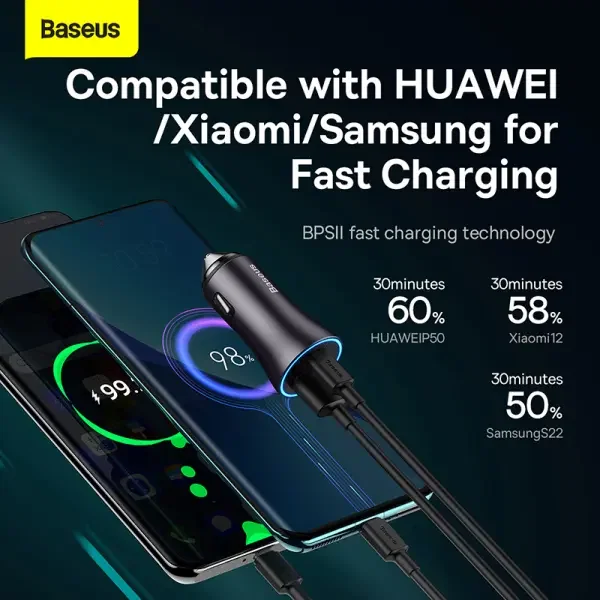 Baseus Golden Contactor Max Dual Fast Charger Car Charger U+C 60W Dark Gray image 5