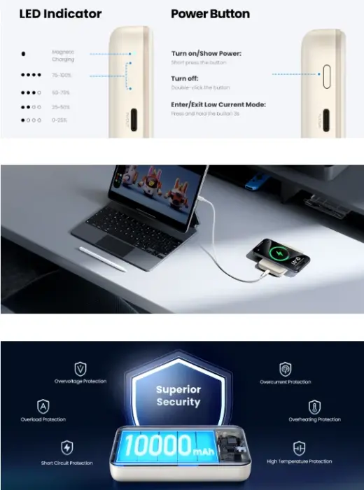باور بنك يوجرين مغناطيسي لاسلكي 10000 مللي أمبير 20 واط PB561 - بيج image 6