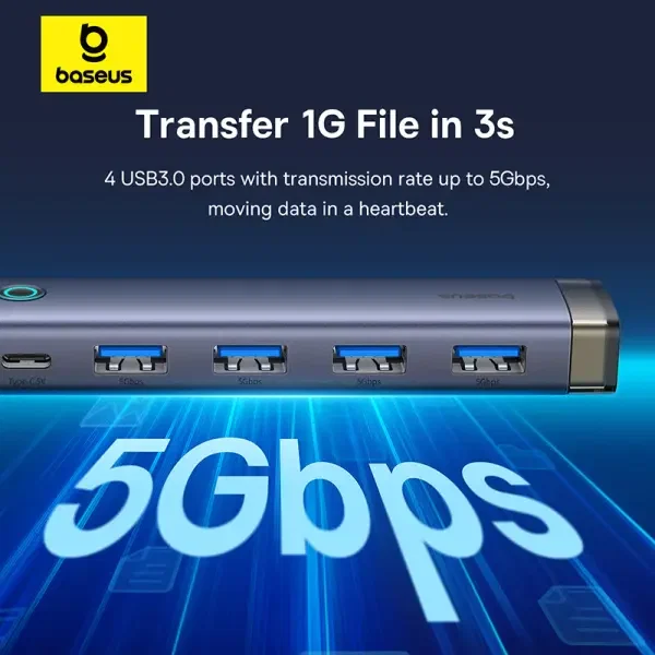 موزع منافذ بيسوس Baseus UltraJoy AIR بـ 4 منافذ USB 3.0 مداخل USB-A و Type-C - لون رمادي (ضمان سنتين) image 2