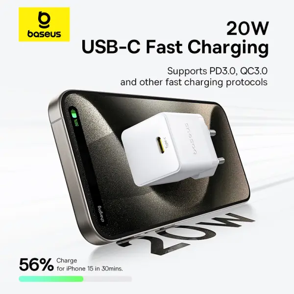 Baseus Palm Fast Charger 1C 20W EU Moon White  (with Baseus Mini White Cable USB-C to USB-C 60W (20V/3A) 1m Moon White) image 4